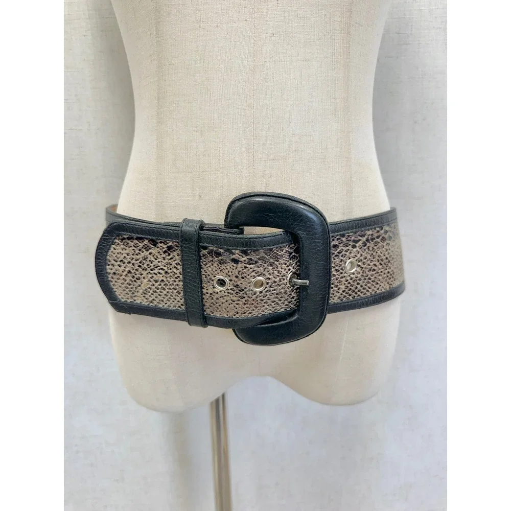 Leatherock Snakeskin Print Black Leather Wide Waist Belt Womens 34 6658 USA Made